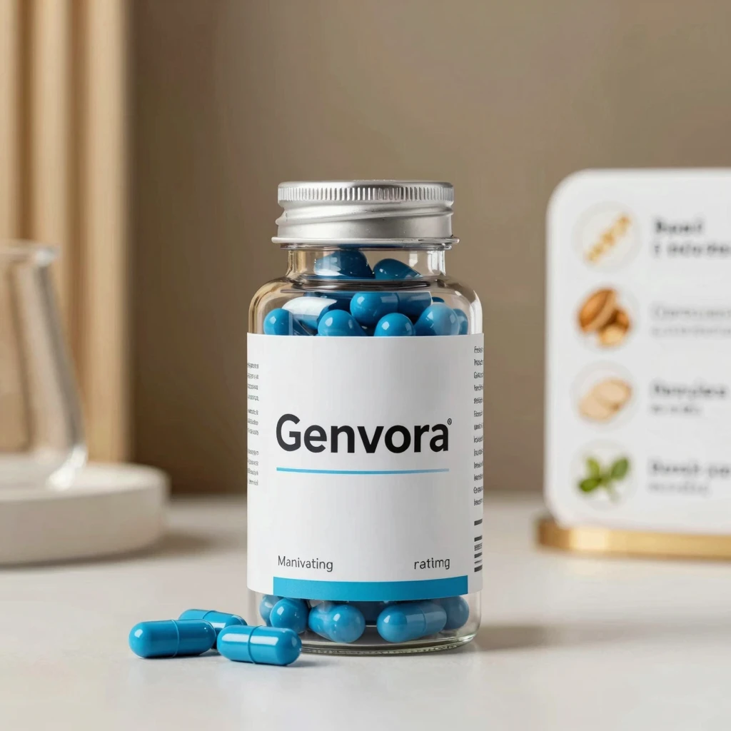 Genvora supplement packaging and capsule close-up